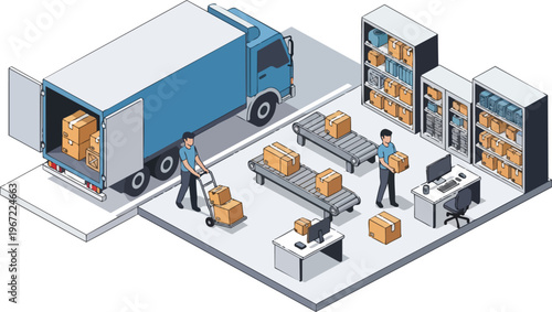 Modern Isometric Logistics Warehouse Interior with Delivery Truck, Workers Loading Cardboard Boxes, and Organized Inventory Shelves