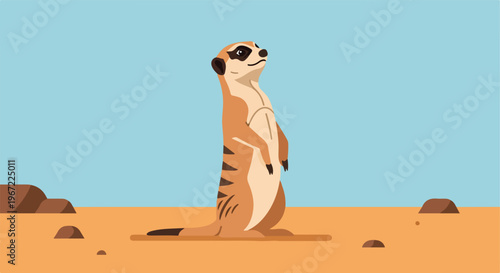 A flat vector illustration of an alert meerkat standing upright on orange sand