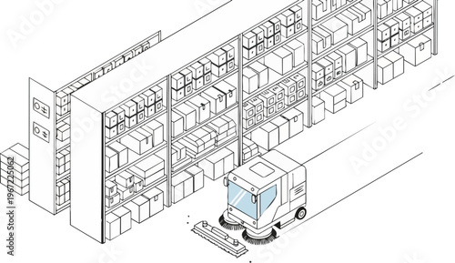 Isometric Industrial Warehouse Floor Sweeper Machine Cleaning Aisle in Logistics Distribution Center, Minimalist Line Art Illustration