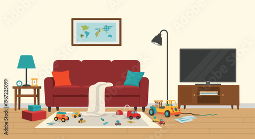 A vibrant living room featuring a cozy red sofa with scattered children toys