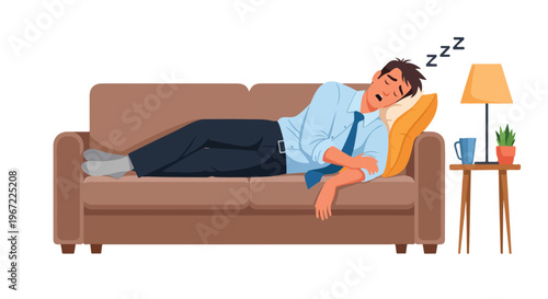 A tired office worker in business attire sleeps soundly on a brown living sofa