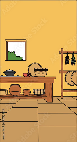 A rustic indoor scene featuring a wooden table, earthen pots, and hanging herbs