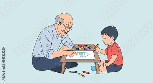 An elderly man helps a young boy draw a house on paper using colorful crayons