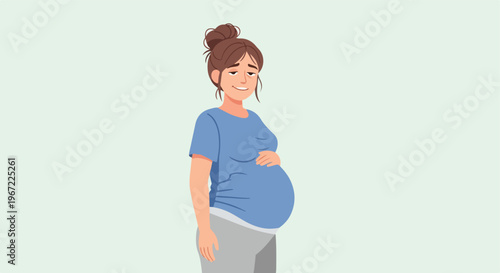 A tired pregnant woman with a messy bun wears a blue t-shirt and grey leggings