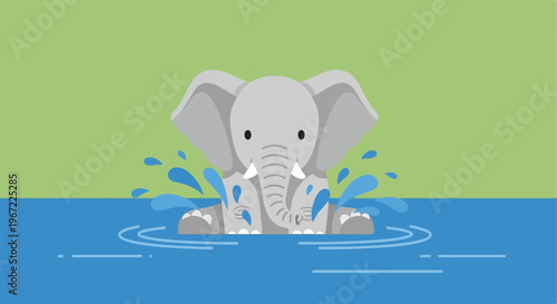 A cute cartoon elephant happily sitting and splashing in a body of blue water