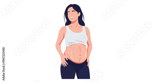 A smiling pregnant woman with stretch marks on her belly wearing casual clothes