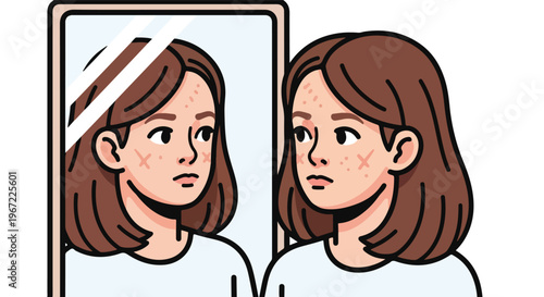 A cartoon young woman looks at her reflection in a mirror with visible skin acne