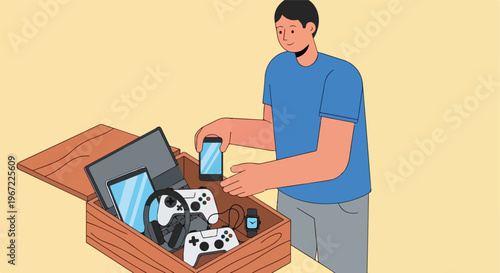 A man putting various electronic devices into a wooden storage box on a table