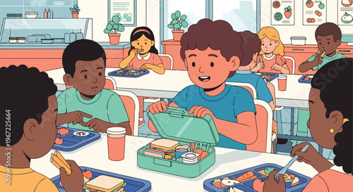 A group of diverse children eating lunch in a bright and cheerful school cafeteria