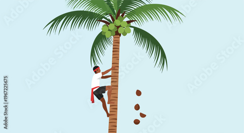A man climbing a tall palm tree to harvest green fruits against a blue sky