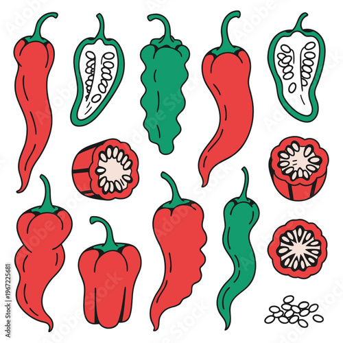 A group of red and green peppers and tomatoes