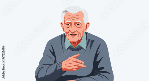 A kind, elderly man with white hair wearing a gray sweater gestures to speak
