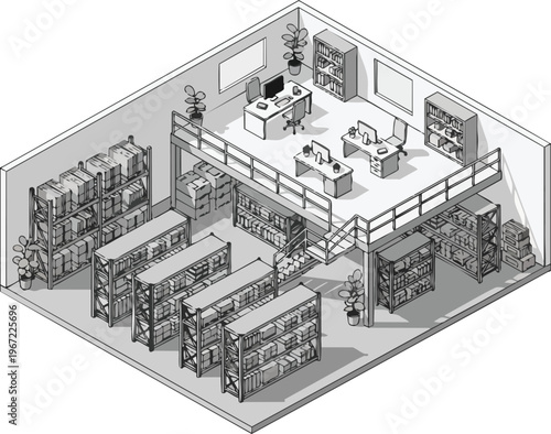 Isometric Warehouse and Office Illustration - Modern E-commerce Fulfillment Center with Mezzanine Workspace, Shelving, and Logistics Storage Line Art