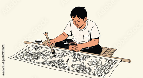 A young person meticulously paints an intricate floral pattern on a piece of cloth