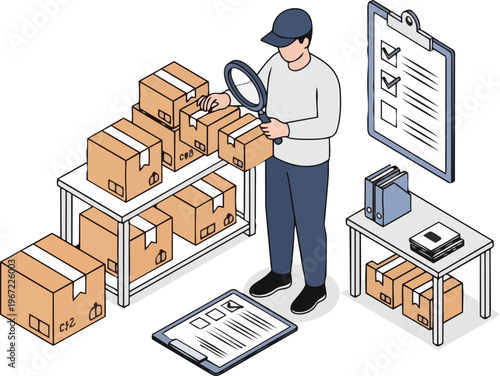 Isometric Logistics Worker Inspecting Cardboard Boxes with Magnifying Glass for Quality Control and Inventory Audit