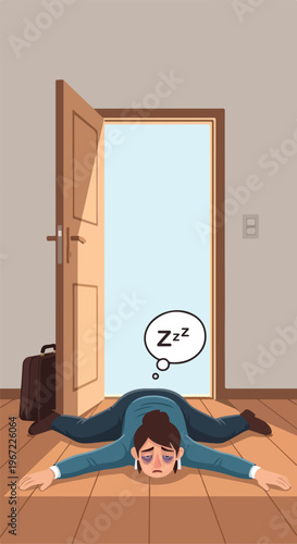 An exhausted business woman lying flat on the floor in front of an open door