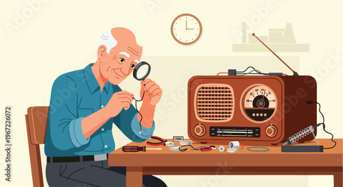 Elderly man sitting at a workbench repairing a vintage radio with a magnifying