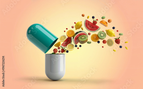 Healthy Food Capsule Concept with Fruits and Vegetables, Nutrition and Wellness Idea