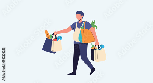 A man carrying multiple tote bags filled with various groceries and fresh food
