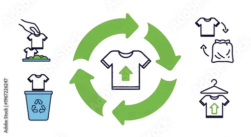 Vector illustration of clothing recycling and circular economy concept icons set on a transparent background