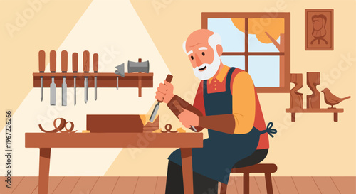 An elderly man working with wood tools in a brightly lit home workshop setting