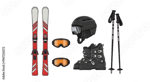 Vector illustration of set of professional skiing equipment including skis, boots, poles and goggles on a transparent background