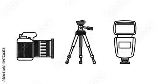 Vector illustration of photography equipment icons set, camera, tripod and flash on a transparent background