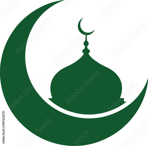 A green crescent moon shines on a mosque dome illustration
