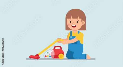 A young girl wearing overalls happily cleans the floor with a small toy vacuum