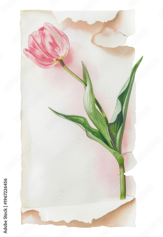 Fototapeta premium PNG Torn paper with tulip illustration watercolor painting.