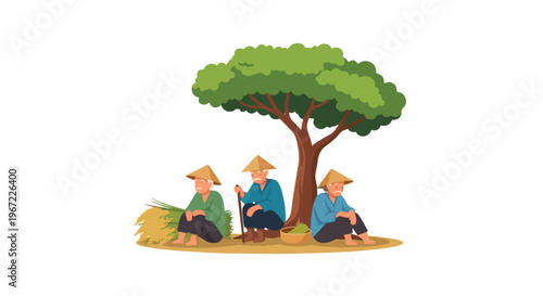 Three weary elderly farmers rest under a large tree with harvested rice stalks