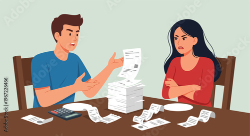 An angry couple sits at a table arguing over a large stack of unpaid bills