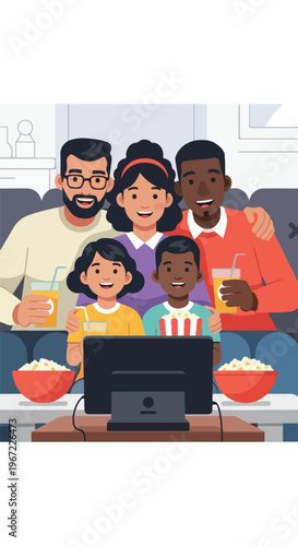 An ethnically diverse family sits on a couch watching TV and eating popcorn