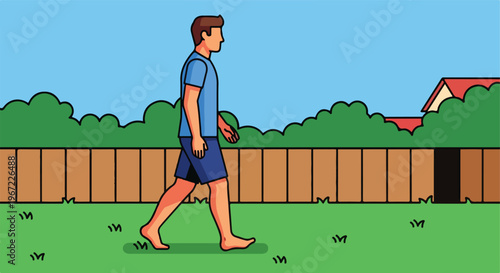 An illustration of a man walking barefoot on green grass in a backyard setting