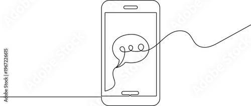 Minimalist single line illustration of a mobile phone and message chat icon on white background