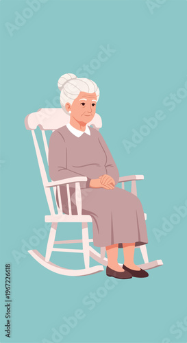 An elderly woman with white hair sitting peacefully in a wooden rocking chair