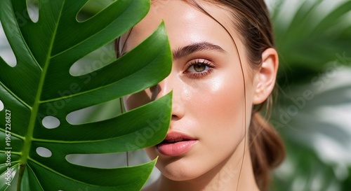 Woman poses with green leaves in a tropical setting during daytime while showing smooth skin and natural beauty features