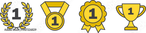 First Place Winner Award Icon Set Gold Filled Outline Transparent Background