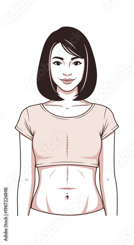 A vector illustration of a young woman showing surgical scars on her abdomen area