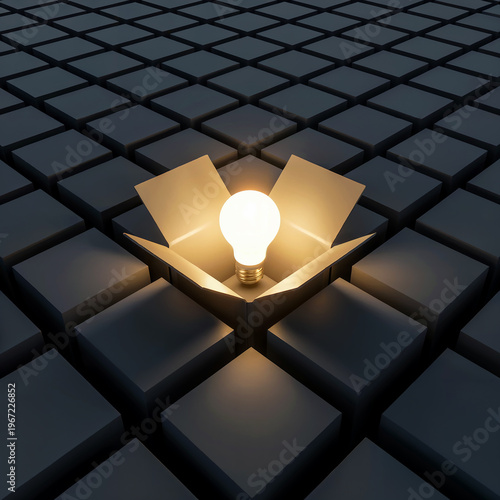 Light Bulb Emerging from Cube Grid, Innovation Idea and Breakthrough Technology Concept