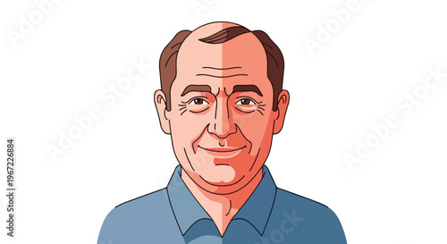 An illustration of a middle-aged man with receding hair and a friendly expression