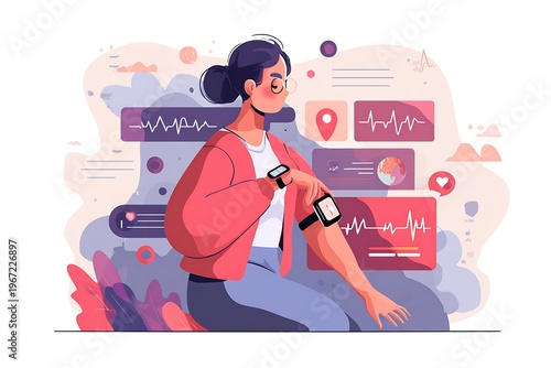 Woman checking wearable health devices and smartwatches with heart rate analytics and floating UI panels illustration