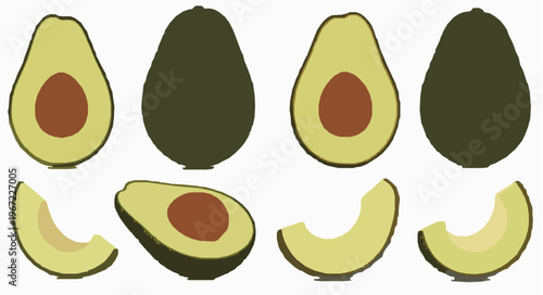 Avocado fruit realistic vector set whole and sliced EPS10 isolated on white