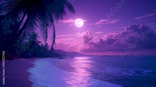Tropical beach at night with glowing moon over calm ocean and palm trees creating dreamy coastal landscape with soft purple sky reflections