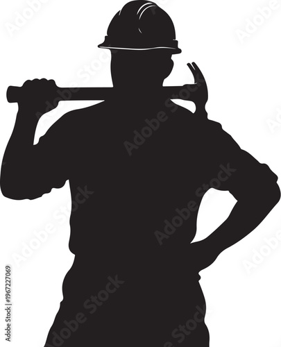 Black silhouette of a man wearing a hard hat holding a hammer
