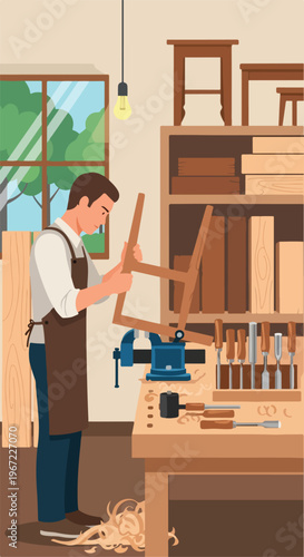 A man in an apron works on a wooden chair in a bright professional workshop