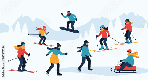 Skiers and Snowboarder Enjoying Winter Sports.