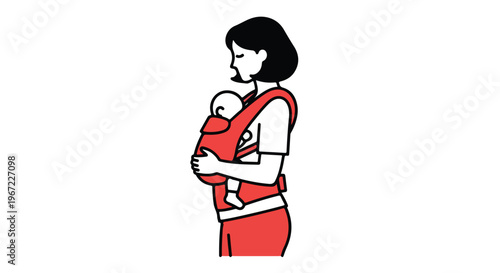 A vector illustration of a mother carrying her small infant in a red baby sling