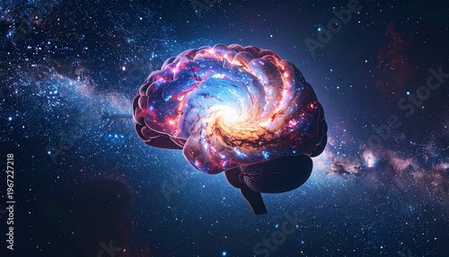 Silhouette of a human brain filled with rotating galactic nebulae, stars forming neural pathways