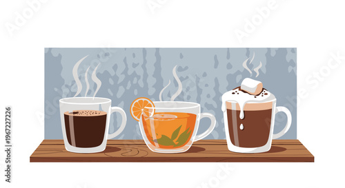 Assorted Hot Beverages in Mugs on Wooden Tray.